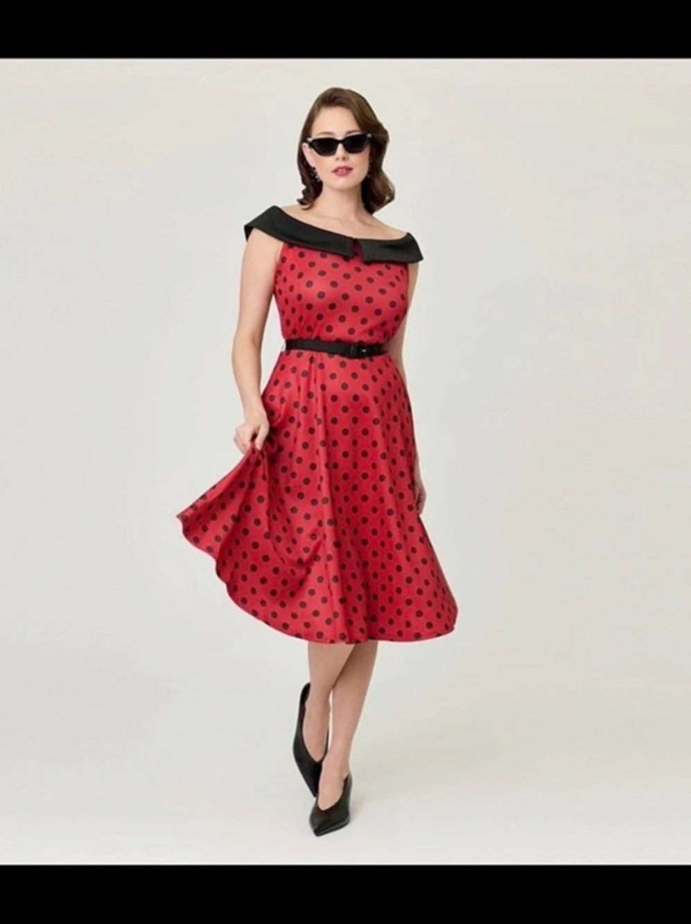 Unique Vintage Red & Black Polka Dot Off the Shoulder Swing Dress, Large 12-14